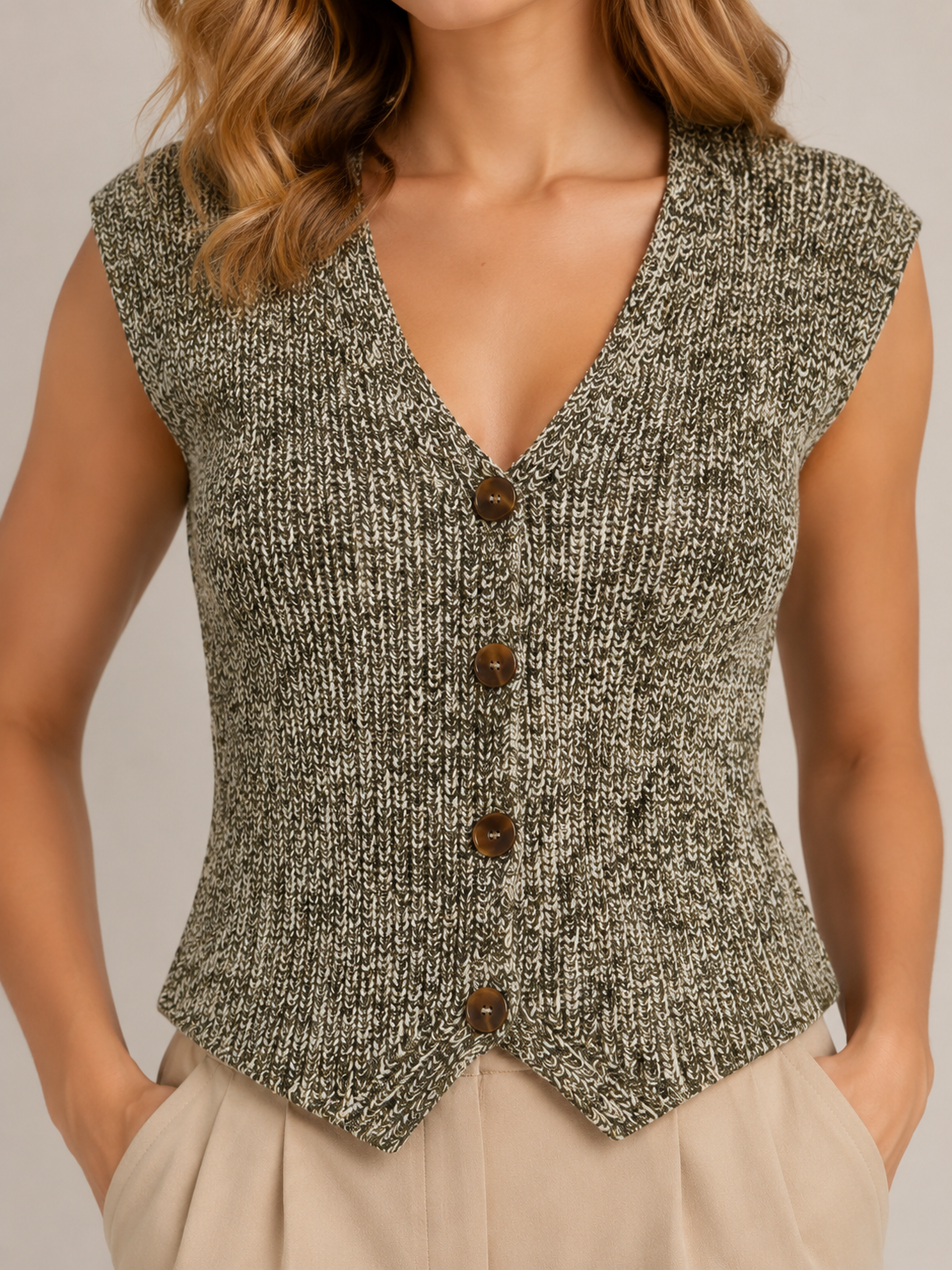 Perla - Grijs Gebreid Mouwloos Dames Vest Met Knoopsluiting