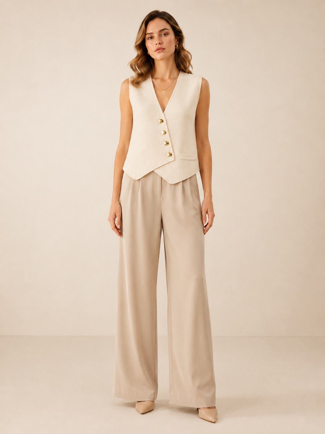 Pheline - Gebreid Asymmetrisch Dames Vest Met Metalen Knopen