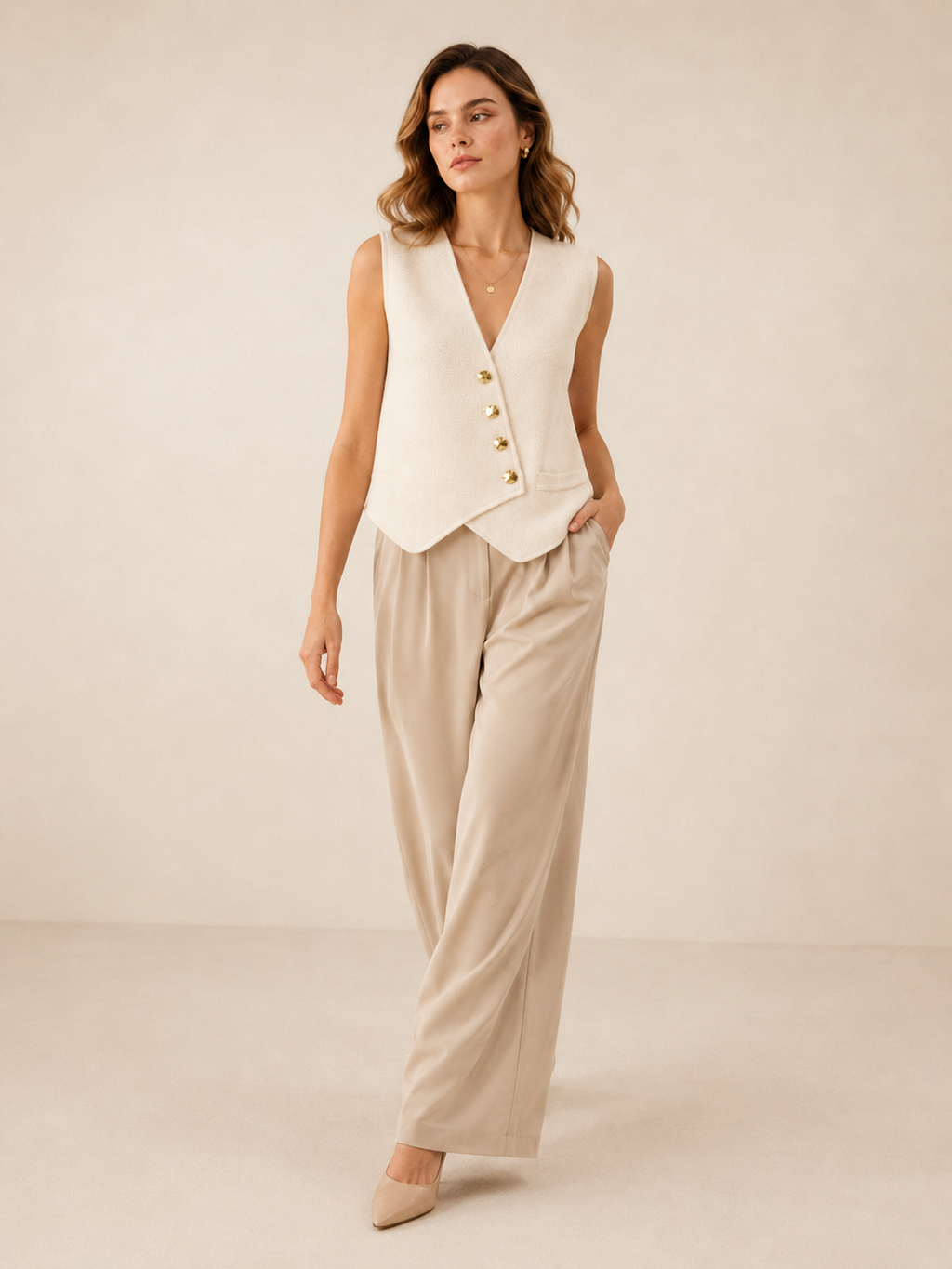 Pheline - Gebreid Asymmetrisch Dames Vest Met Metalen Knopen
