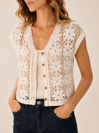 Paulina - Witte Dames Jacquard Top Met V-Hals En Open Details