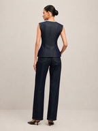 Petronella - Midnight Navy Dames Gilet Met Peplum Pasvorm En Contraststiksel