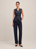 Petronella - Midnight Navy Dames Gilet Met Peplum Pasvorm En Contraststiksel