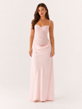 Paulien - Roze Dames Set Met Kanten Corset Top En Satijnen Maxi-rok