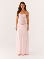 Paulien - Roze Dames Set Met Kanten Corset Top En Satijnen Maxi-rok