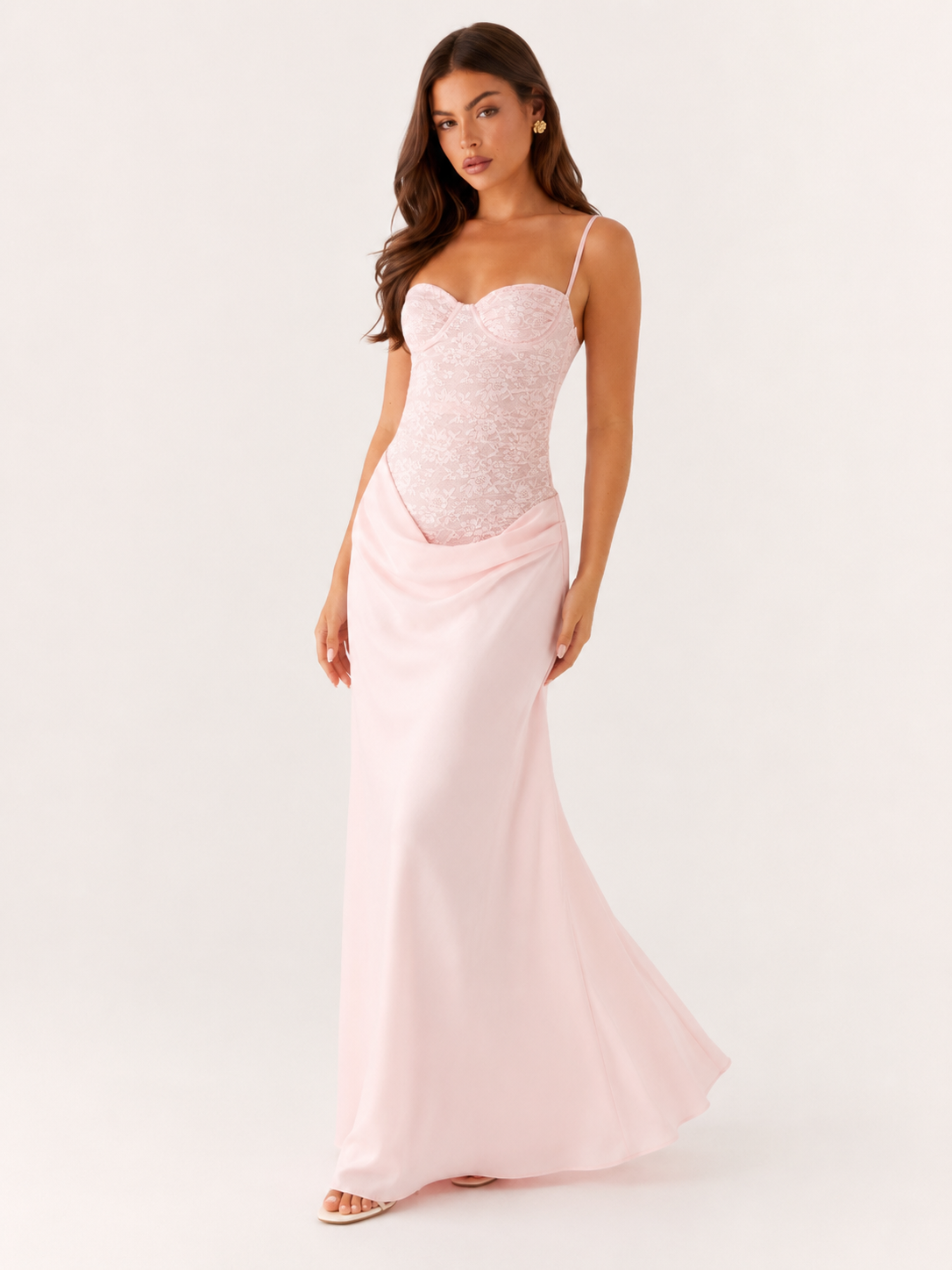 Paulien - Roze Dames Set Met Kanten Corset Top En Satijnen Maxi-rok