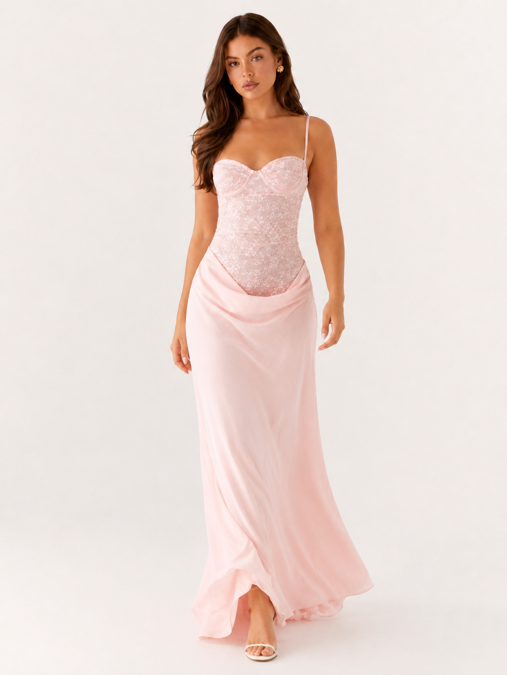 Paulien - Roze Dames Set Met Kanten Corset Top En Satijnen Maxi-rok