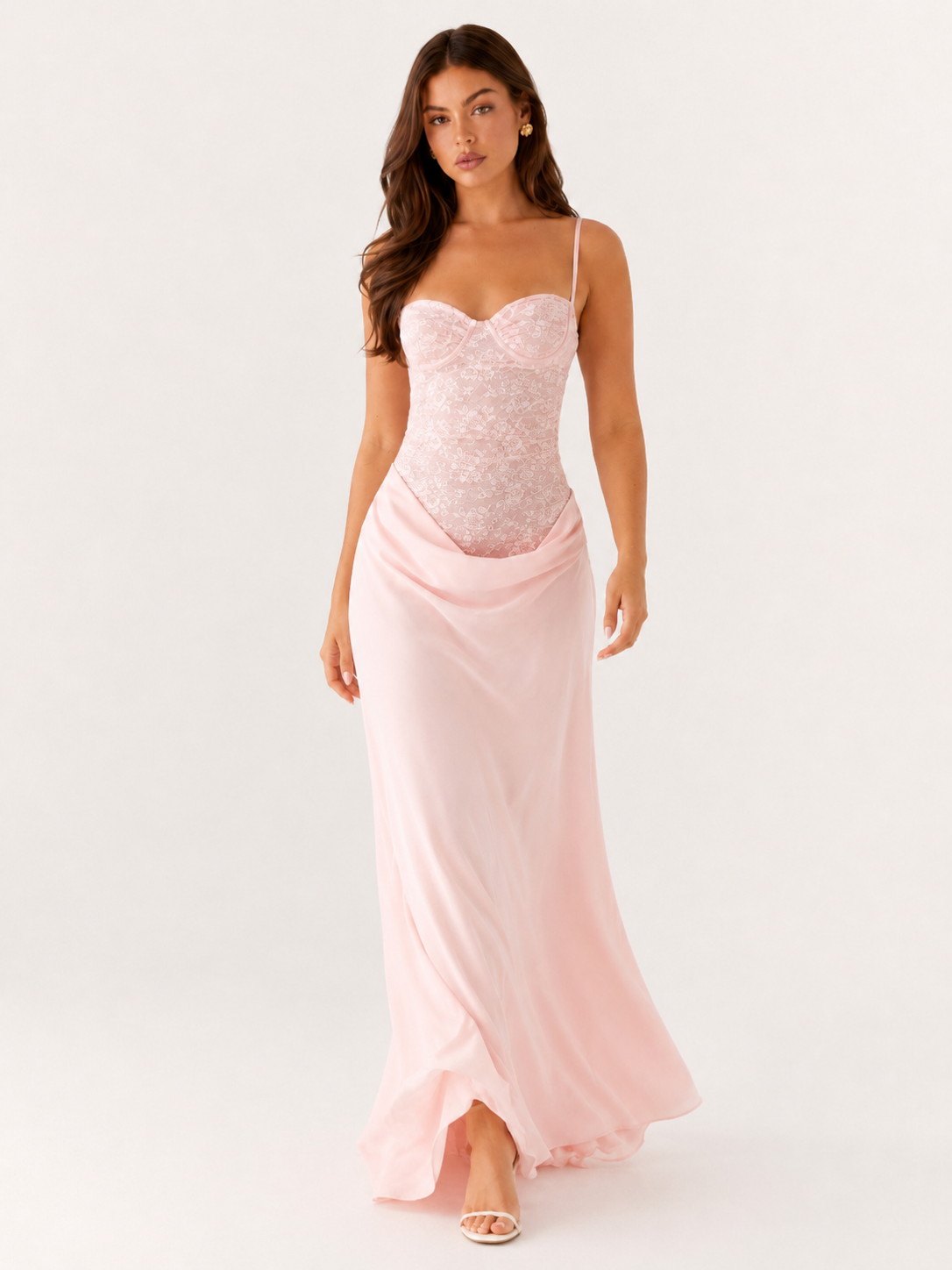 Paulien - Roze Dames Set Met Kanten Corset Top En Satijnen Maxi-rok