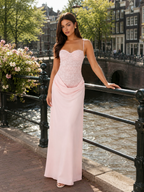 Paulien - Roze Dames Set Met Kanten Corset Top En Satijnen Maxi-rok
