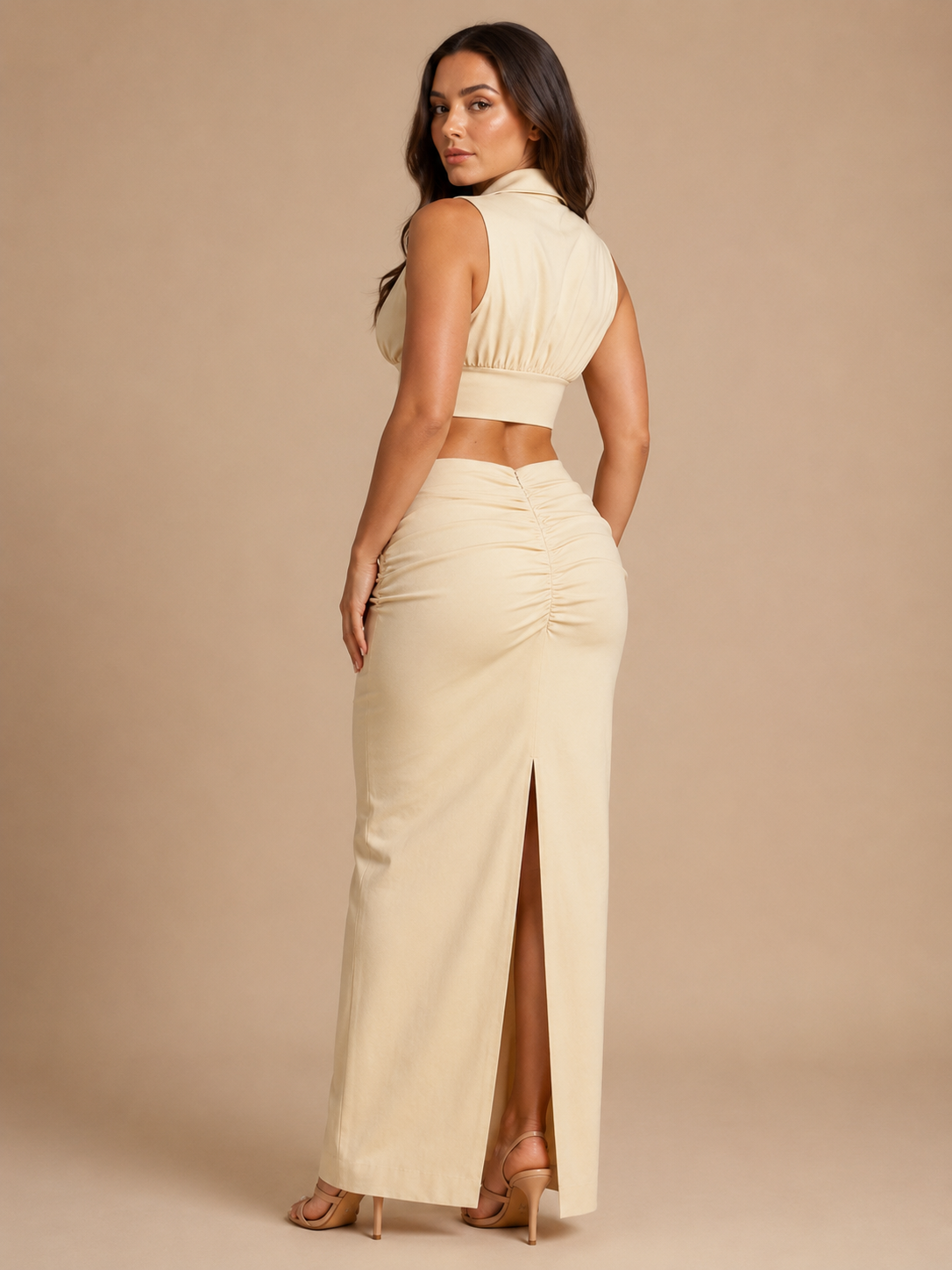 Prisca - Beige Dames Tweedelige Set Met Soepelvallende Pasvorm
