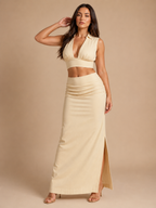 Prisca - Beige Dames Tweedelige Set Met Soepelvallende Pasvorm