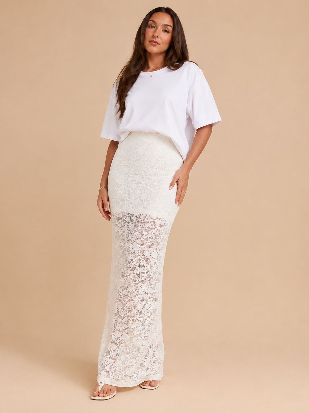 Perline - Beige Dames Kanten Maxi-rok Met Semi-transparante Afwerking