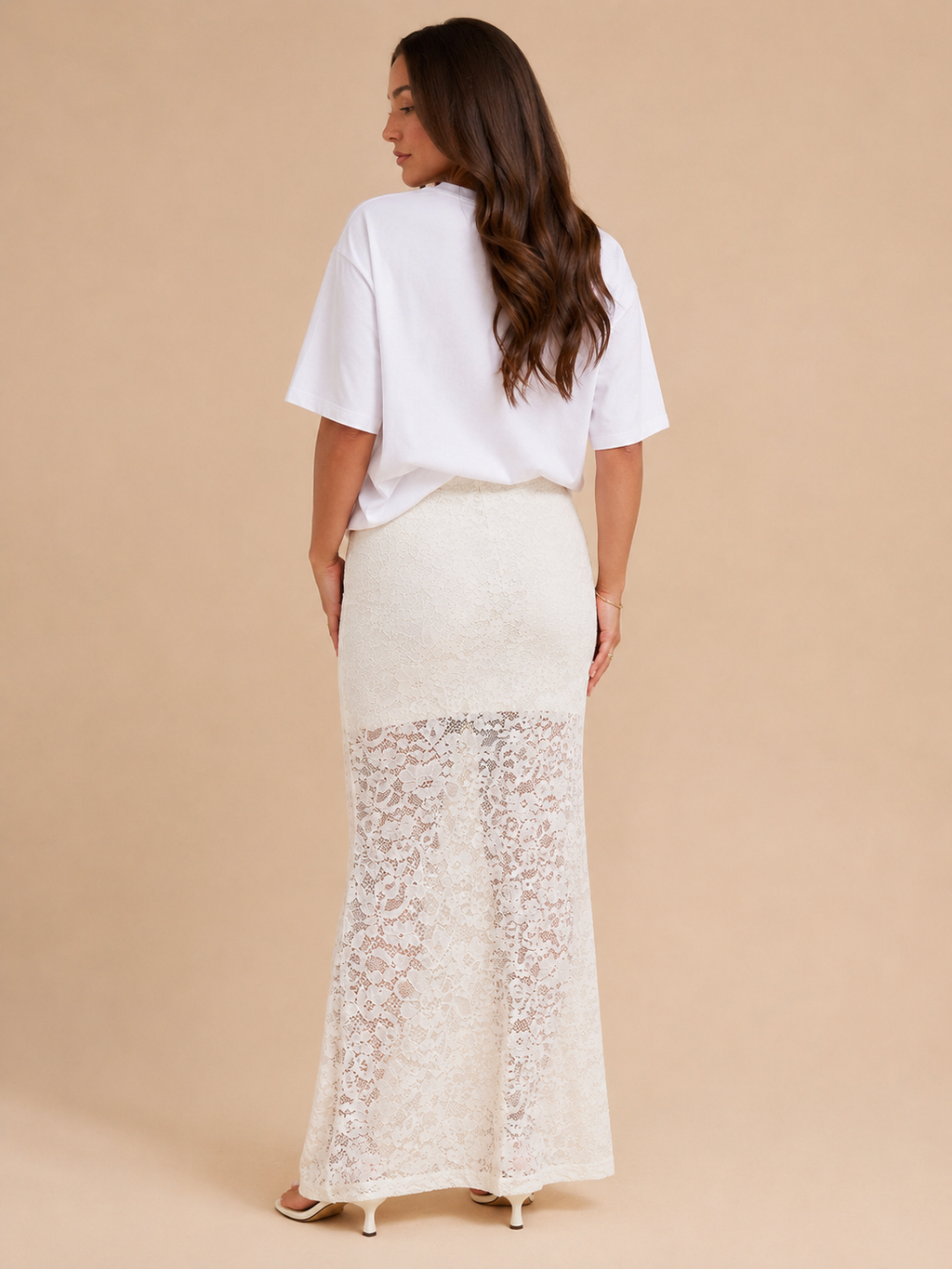 Perline - Beige Dames Kanten Maxi-rok Met Semi-transparante Afwerking