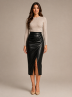 Prudence - Dames Leren Look Plissé Rok Met Hoge Split