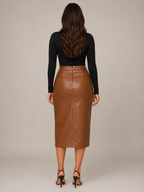 Prudence - Dames Leren Look Plissé Rok Met Hoge Split