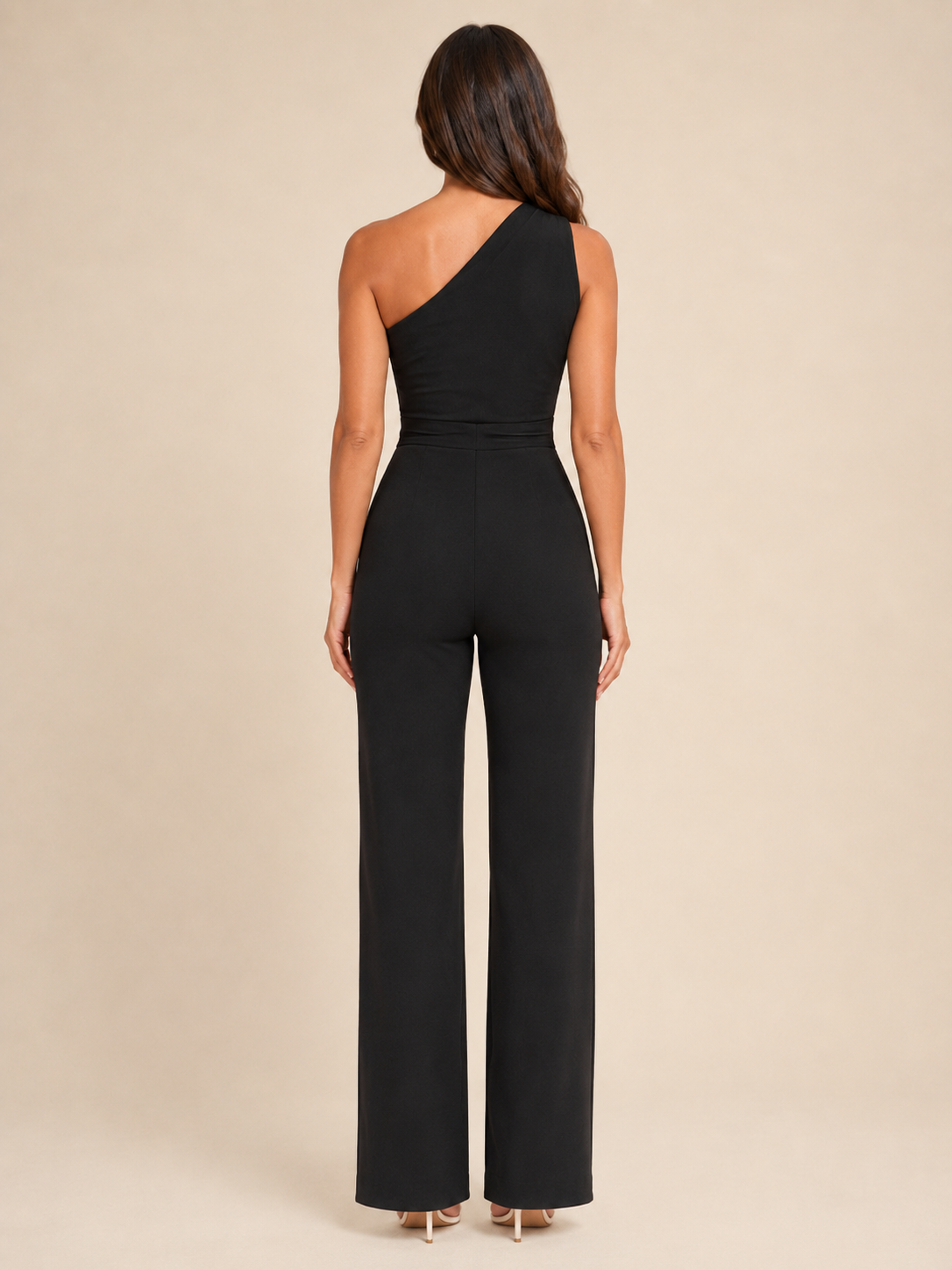 Gianelle - One-shoulder jumpsuit met drapering en strikceintuur