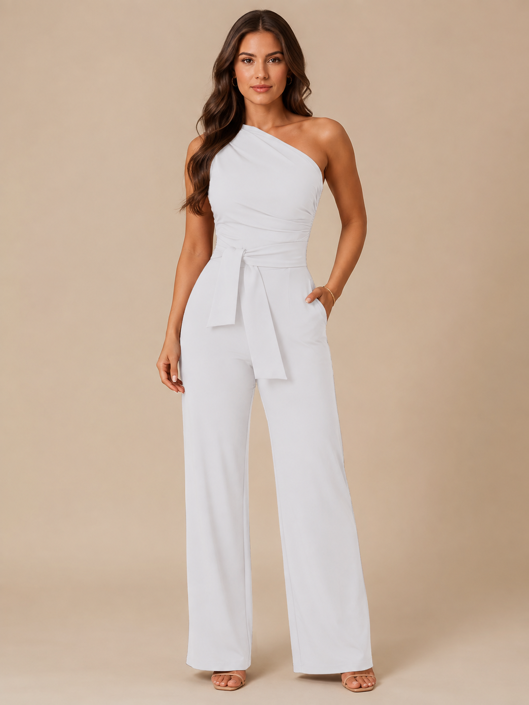 Gianelle - One-shoulder jumpsuit met drapering en strikceintuur