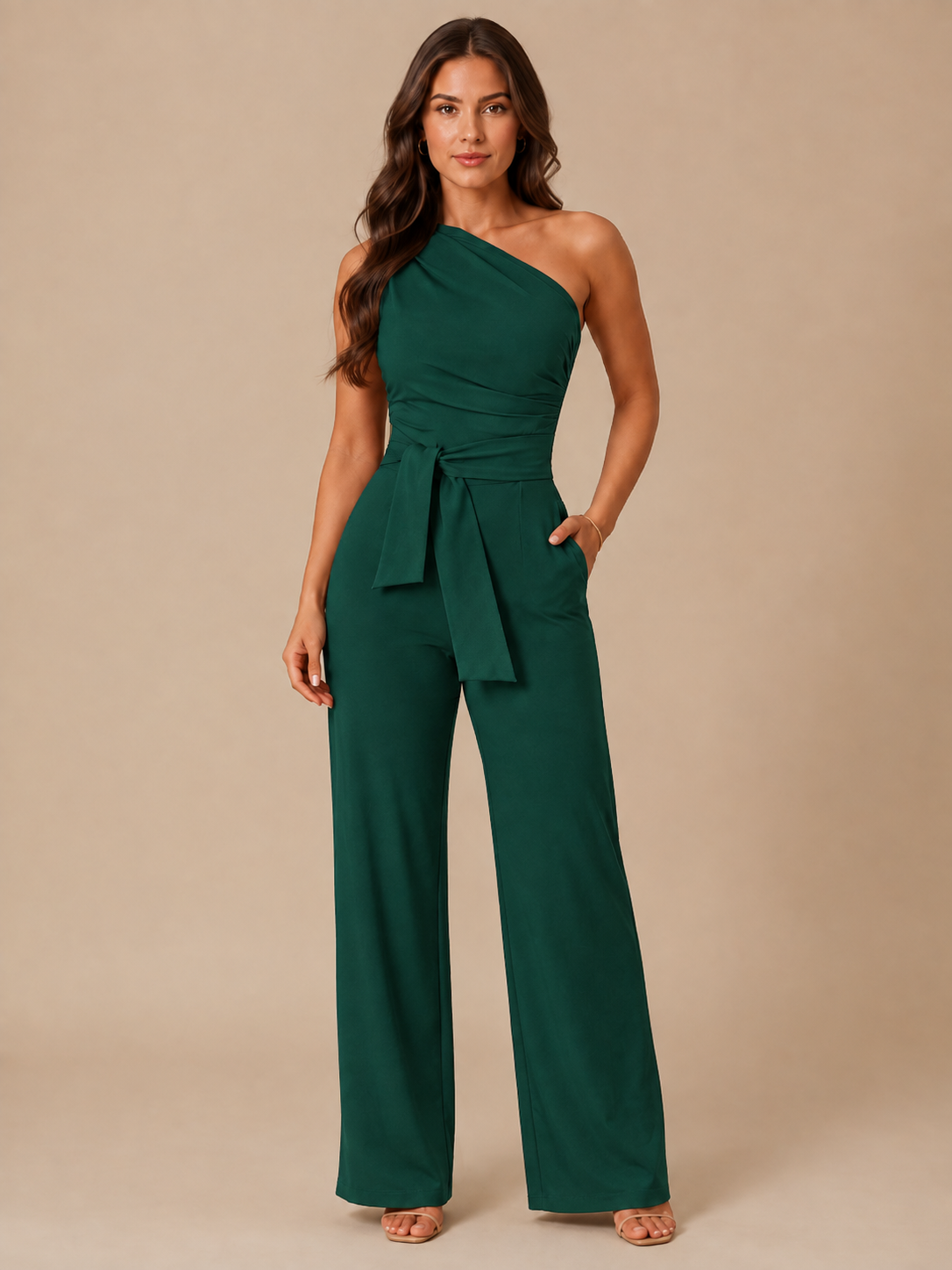 Gianelle - One-shoulder jumpsuit met drapering en strikceintuur