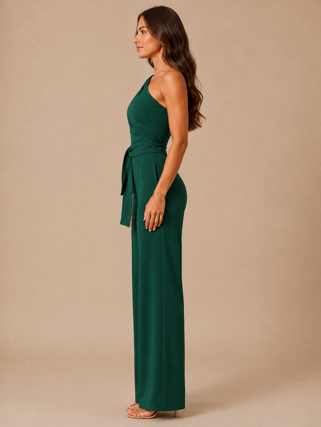 Gianelle - One-shoulder jumpsuit met drapering en strikceintuur