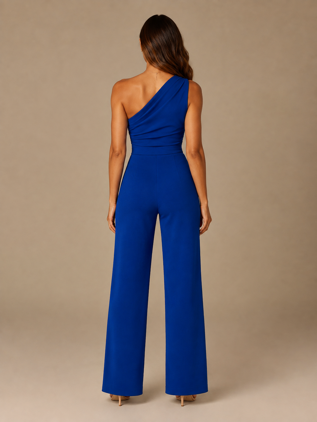 Gianelle - One-shoulder jumpsuit met drapering en strikceintuur