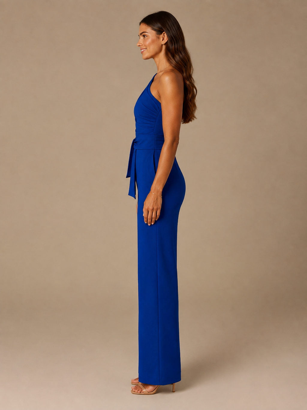 Gianelle - One-shoulder jumpsuit met drapering en strikceintuur