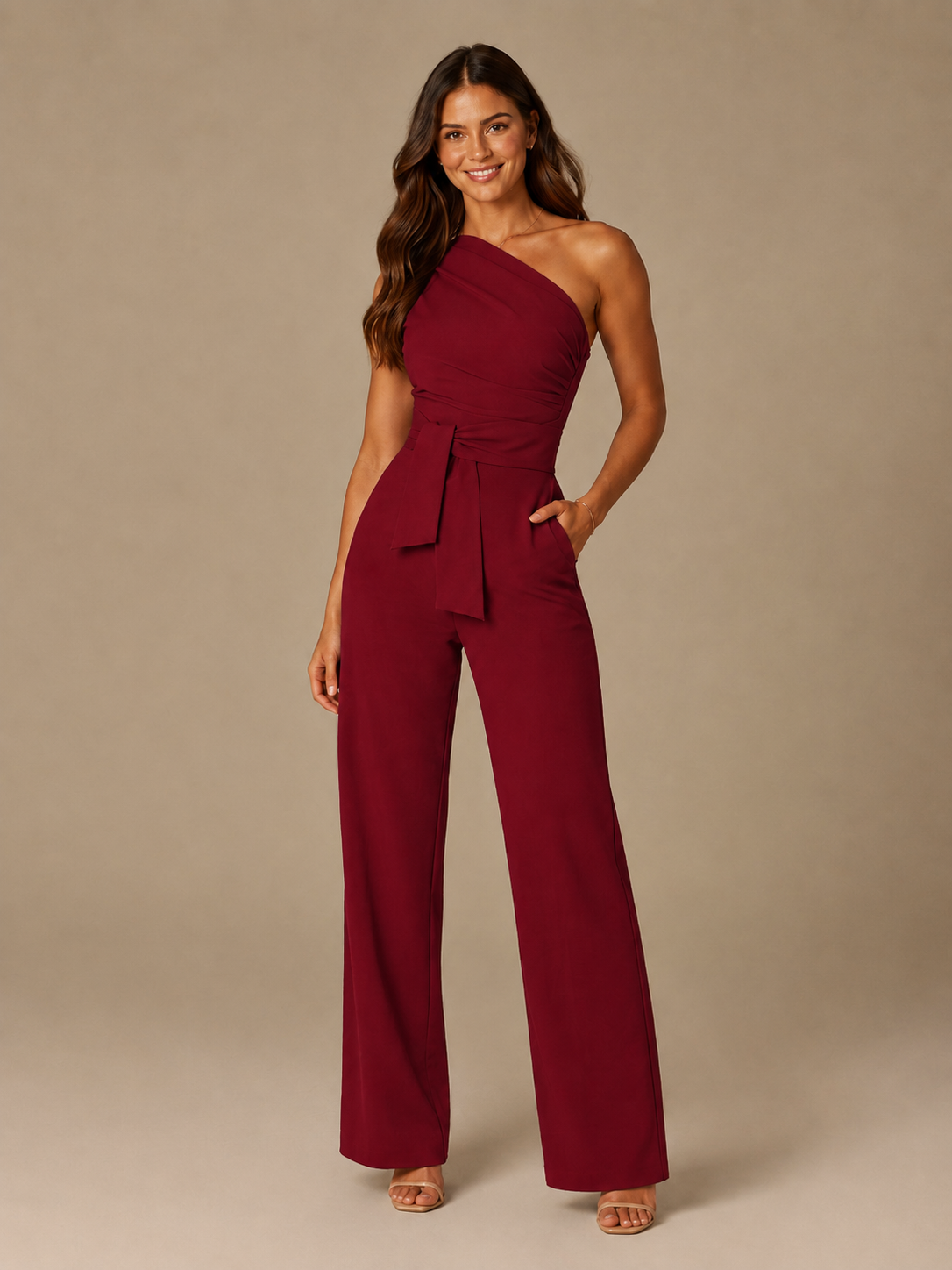 Gianelle - One-shoulder jumpsuit met drapering en strikceintuur