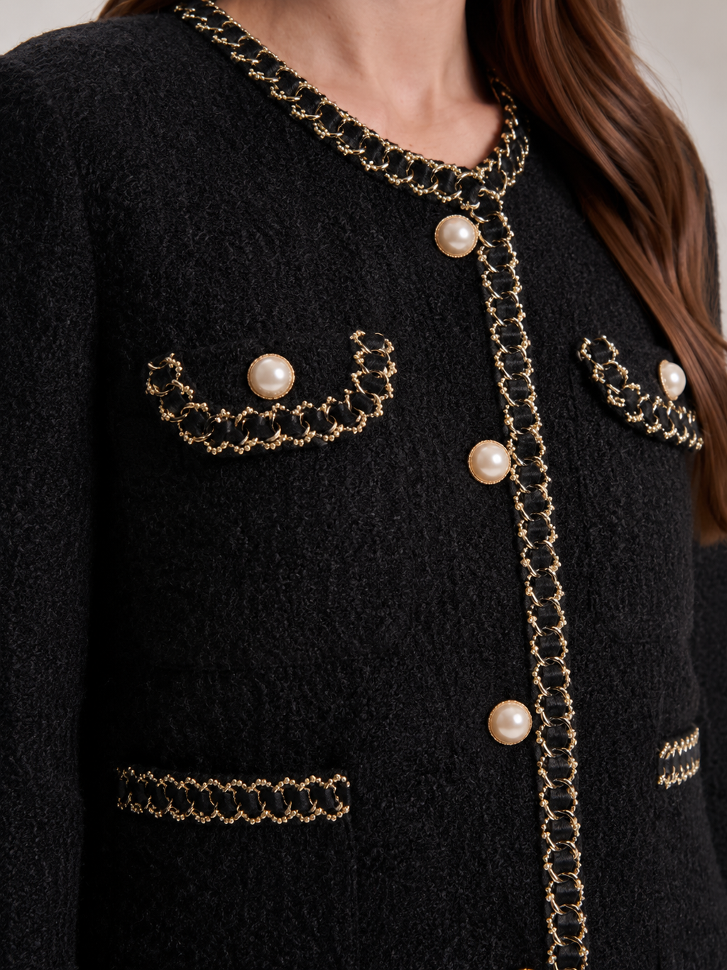 Oona - tweed jasje met parelknopen en kettingrand