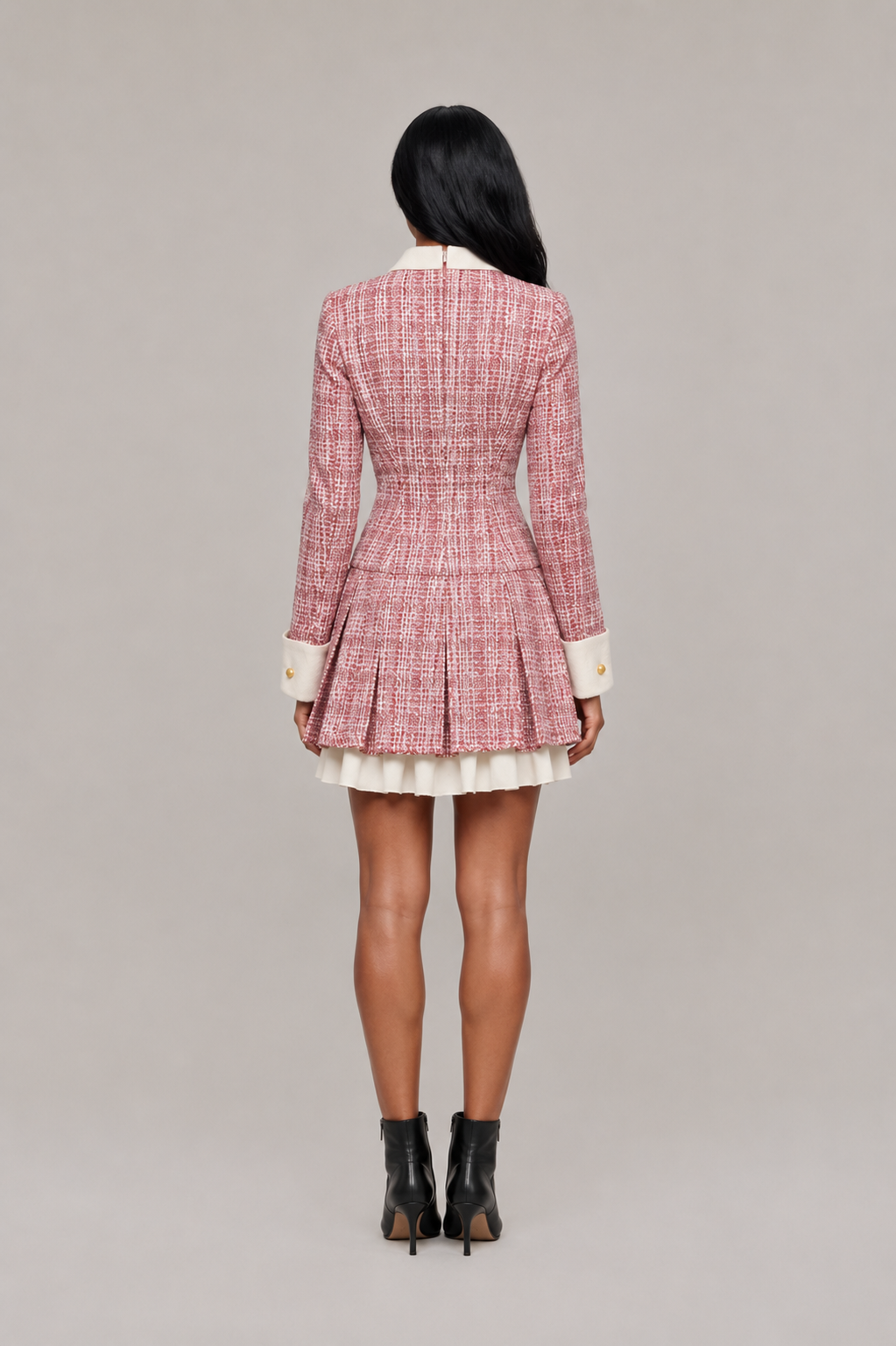 Xandra - mini jurk met tweed blazerlook, ruitpatroon en goudkleurige knopen