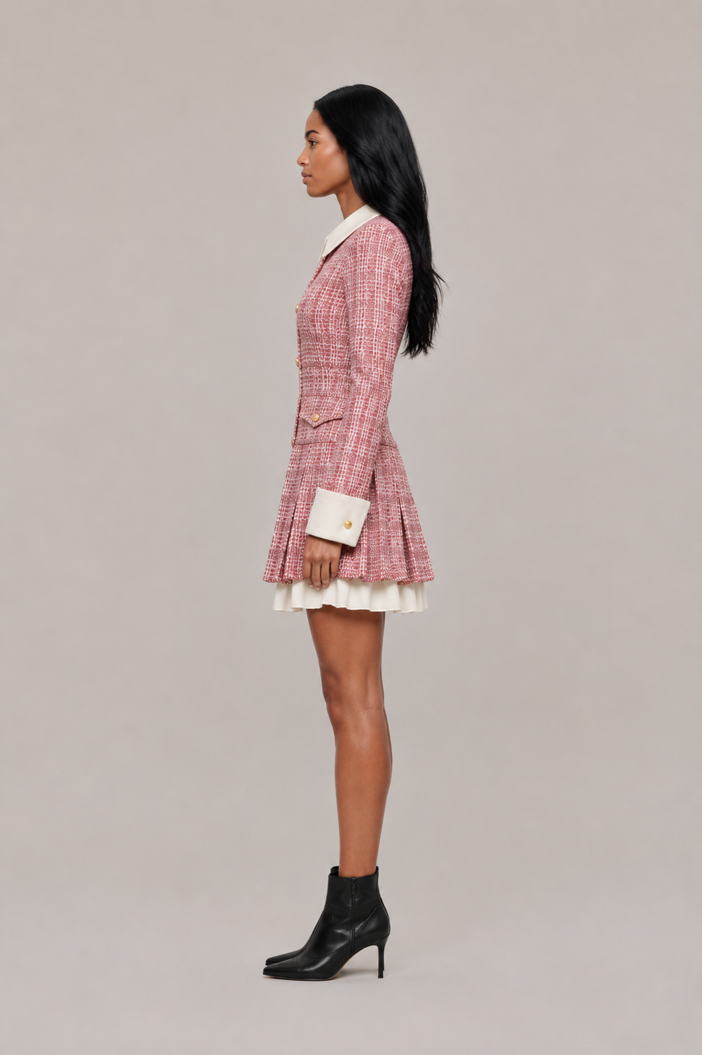 Xandra - mini jurk met tweed blazerlook, ruitpatroon en goudkleurige knopen