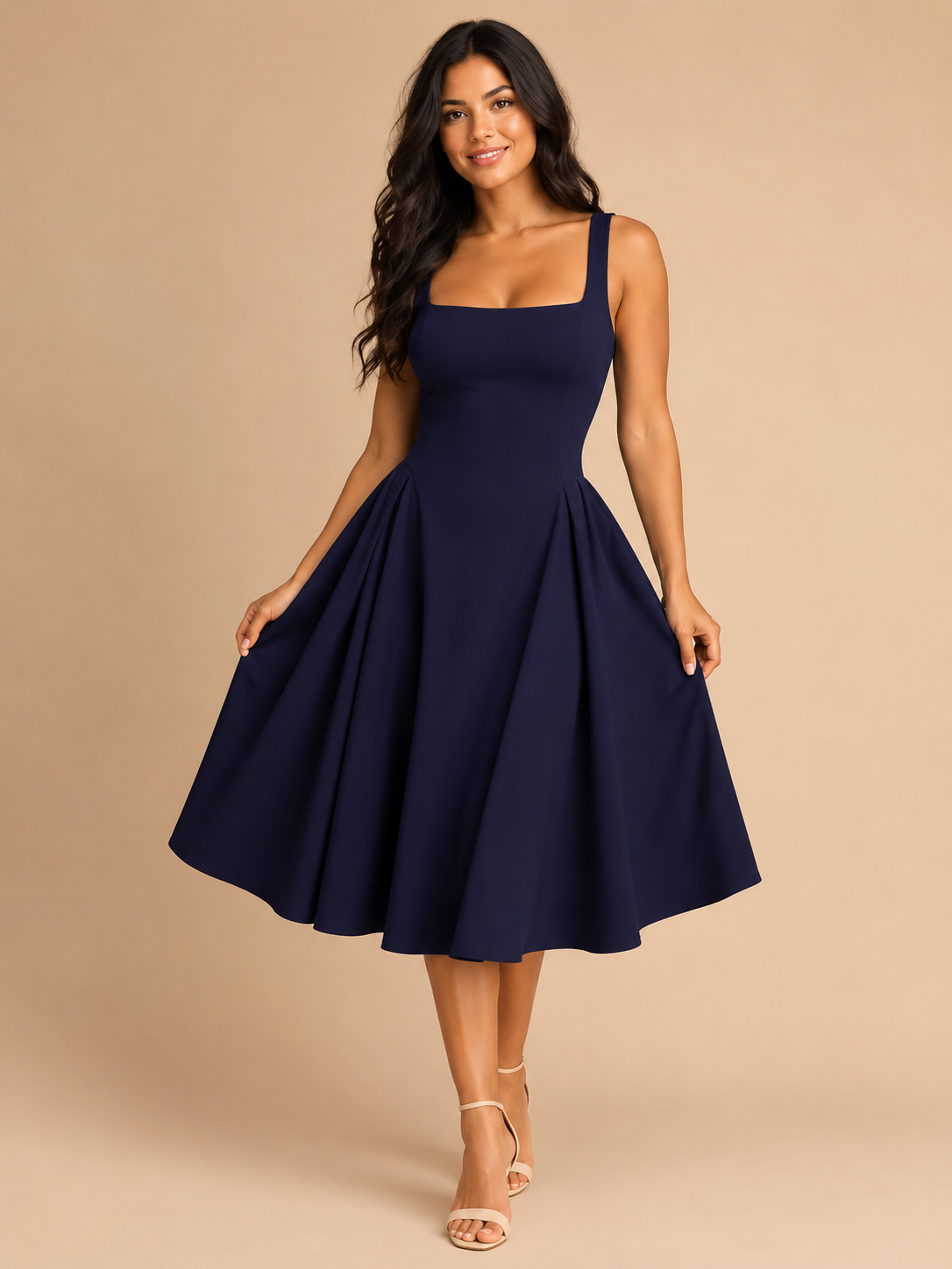 Marielle - Dames Midi-jurk met vierkante hals en uitlopende rok