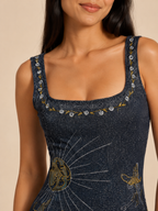 Giuletta - Saffierblauwe dames mini jurk met glitter en zijsplit