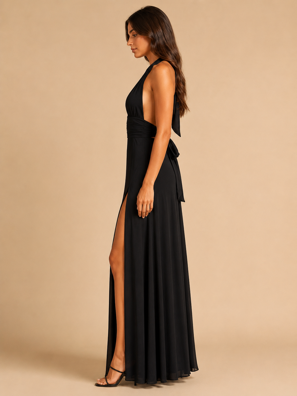 Qelina - Dames halter maxi-jurk met open rug en split