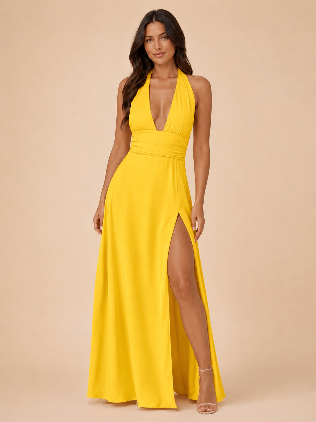 Qelina - Dames halter maxi-jurk met open rug en split