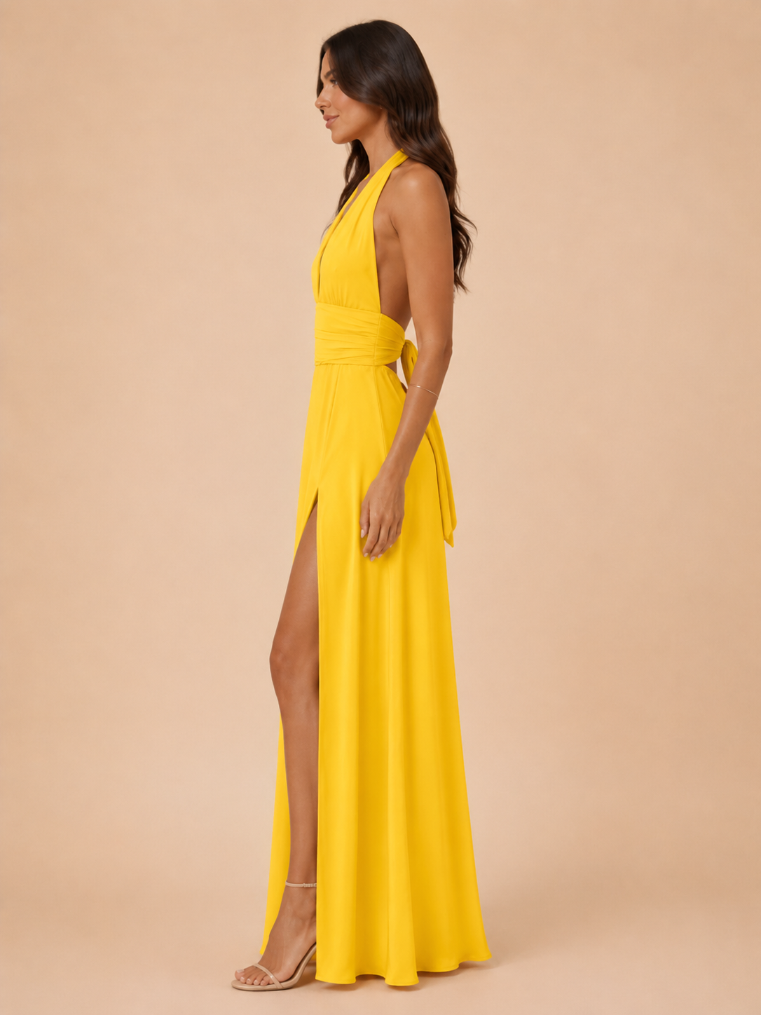 Qelina - Dames halter maxi-jurk met open rug en split