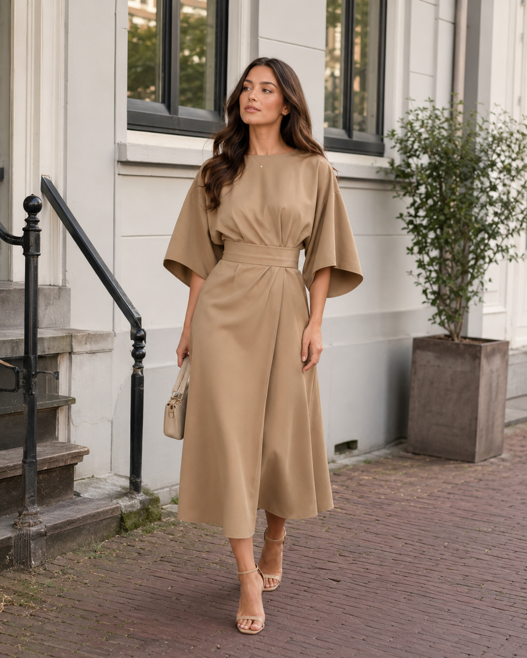Havanna - Getailleerde Maxi-jurk Met Vetersluiting En Driekwartmouwen