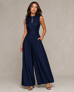 Indira - Blauw Gestreepte Jumpsuit Met Hoge Taille En Zakken