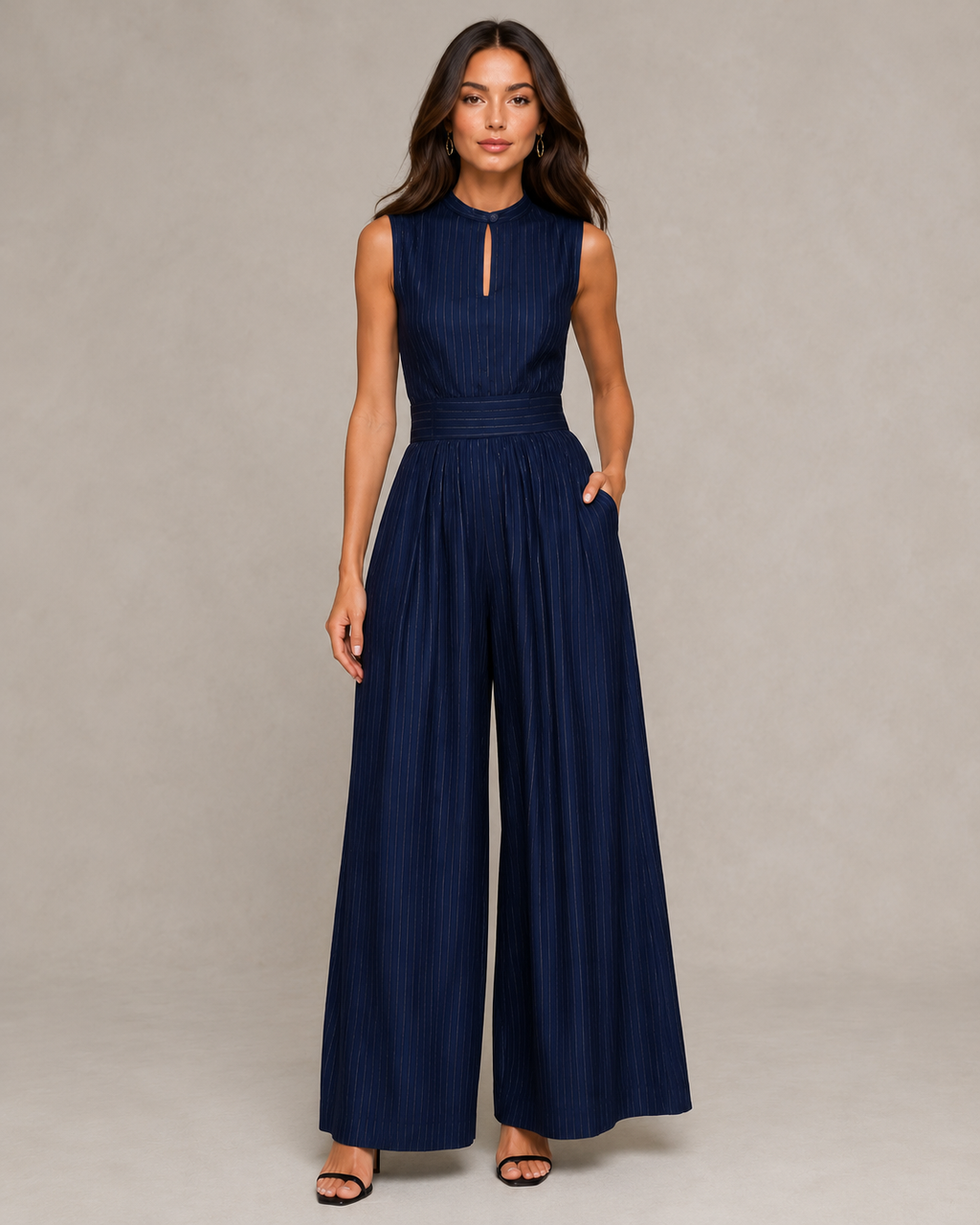 Indira - Blauw Gestreepte Jumpsuit Met Hoge Taille En Zakken