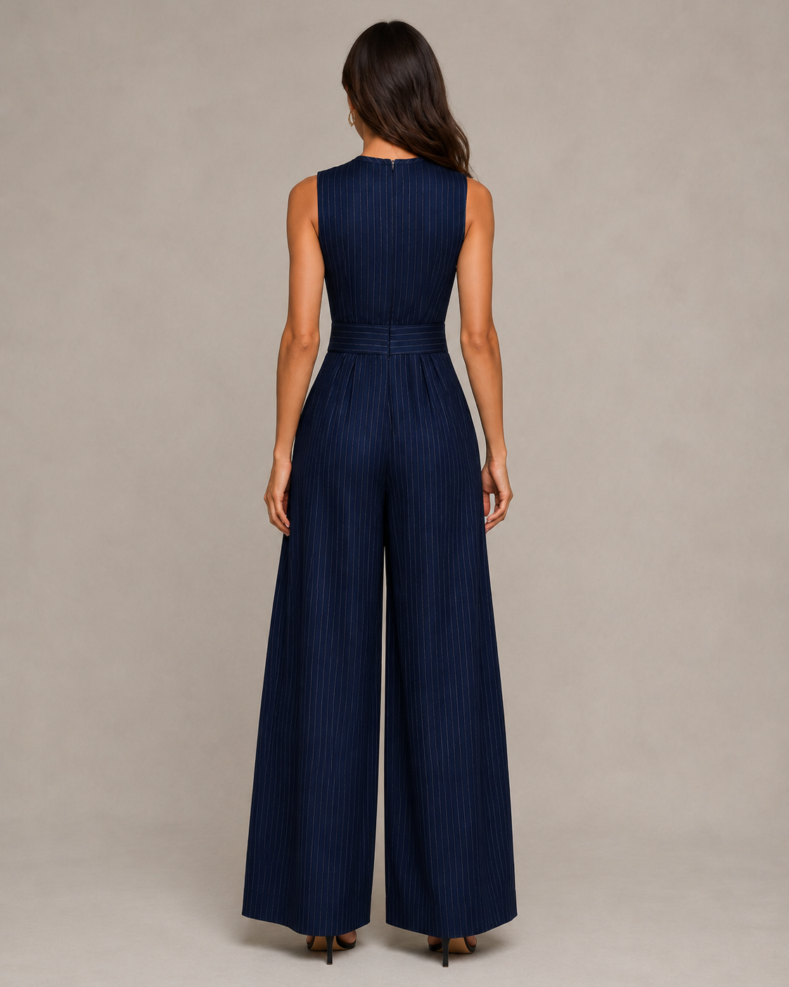 Indira - Blauw Gestreepte Jumpsuit Met Hoge Taille En Zakken