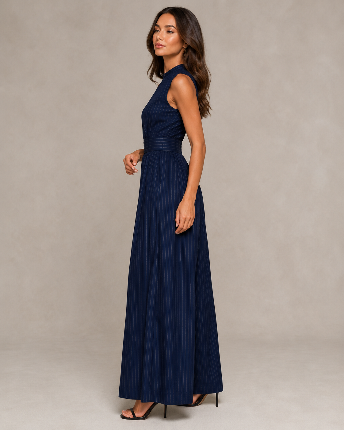 Indira - Blauw Gestreepte Jumpsuit Met Hoge Taille En Zakken