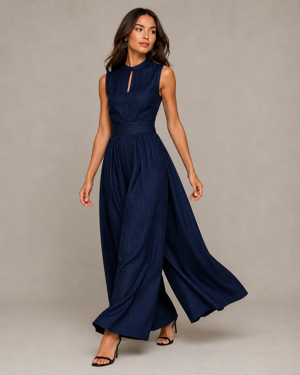Indira - Blauw Gestreepte Jumpsuit Met Hoge Taille En Zakken