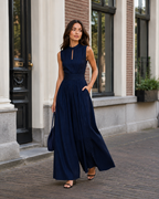 Indira - Blauw Gestreepte Jumpsuit Met Hoge Taille En Zakken