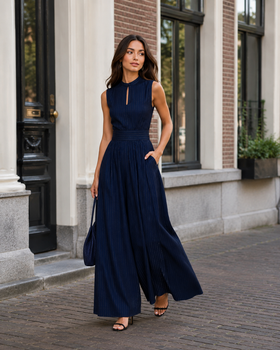 Indira - Blauw Gestreepte Jumpsuit Met Hoge Taille En Zakken