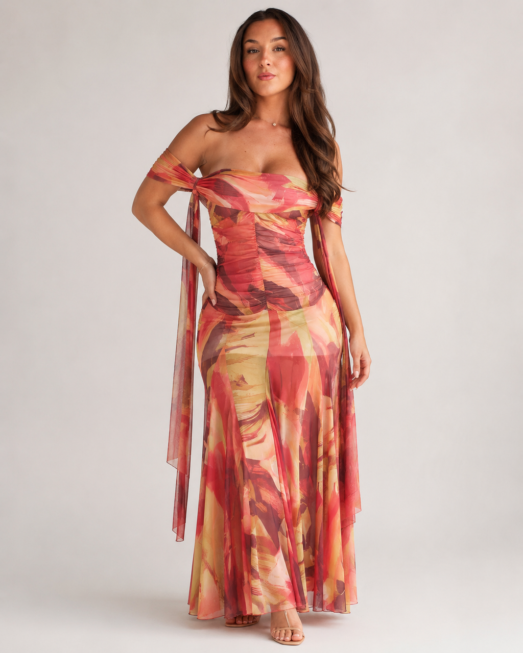 Babet - Oranje Gebreide Maxi-jurk Met Nauwsluitend Silhouet