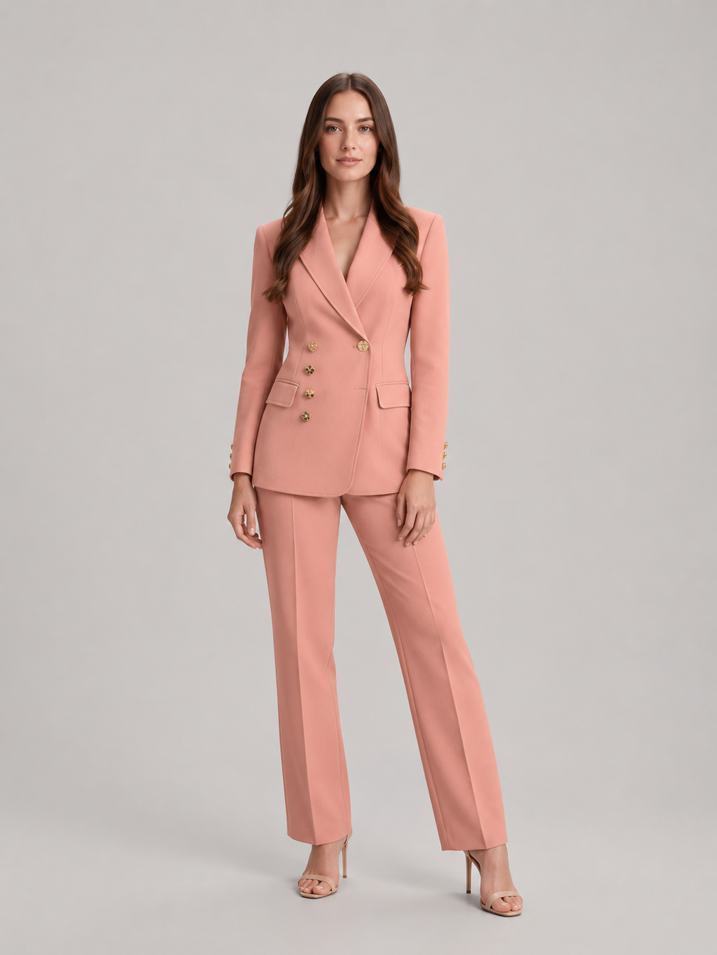 Ximena - dames pak met blazer en wijde broek, kantoorset met bloemknopen