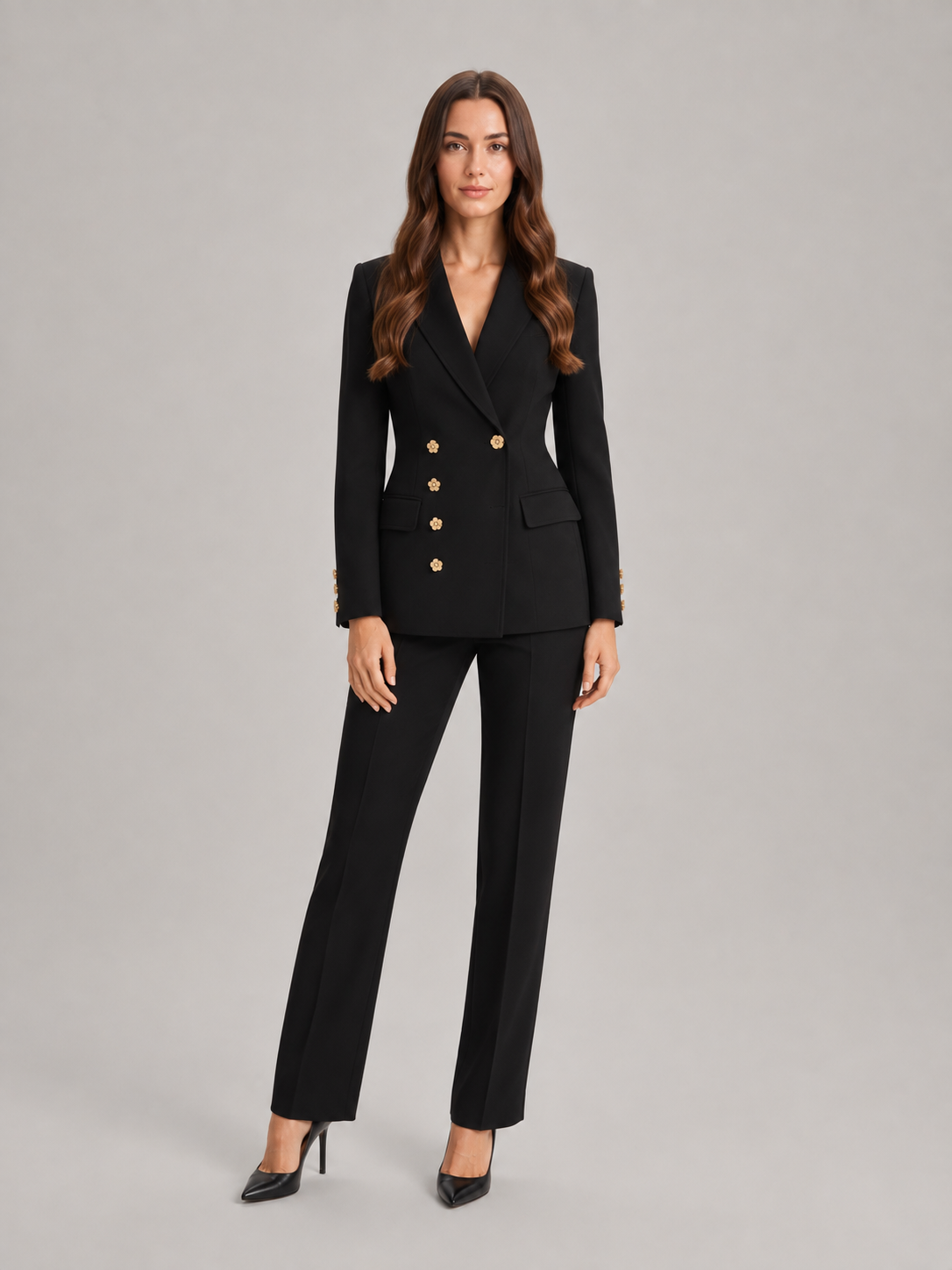 Ximena - dames pak met blazer en wijde broek, kantoorset met bloemknopen