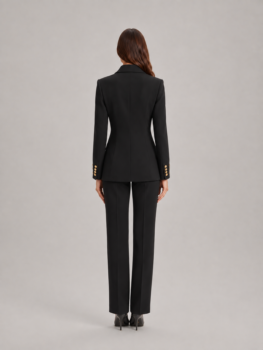 Ximena - dames pak met blazer en wijde broek, kantoorset met bloemknopen