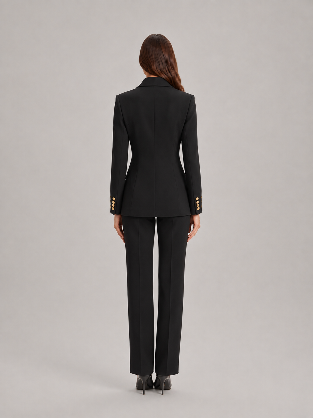 Ximena - dames pak met blazer en wijde broek, kantoorset met bloemknopen