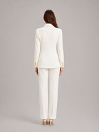 Ximena - dames pak met blazer en wijde broek, kantoorset met bloemknopen