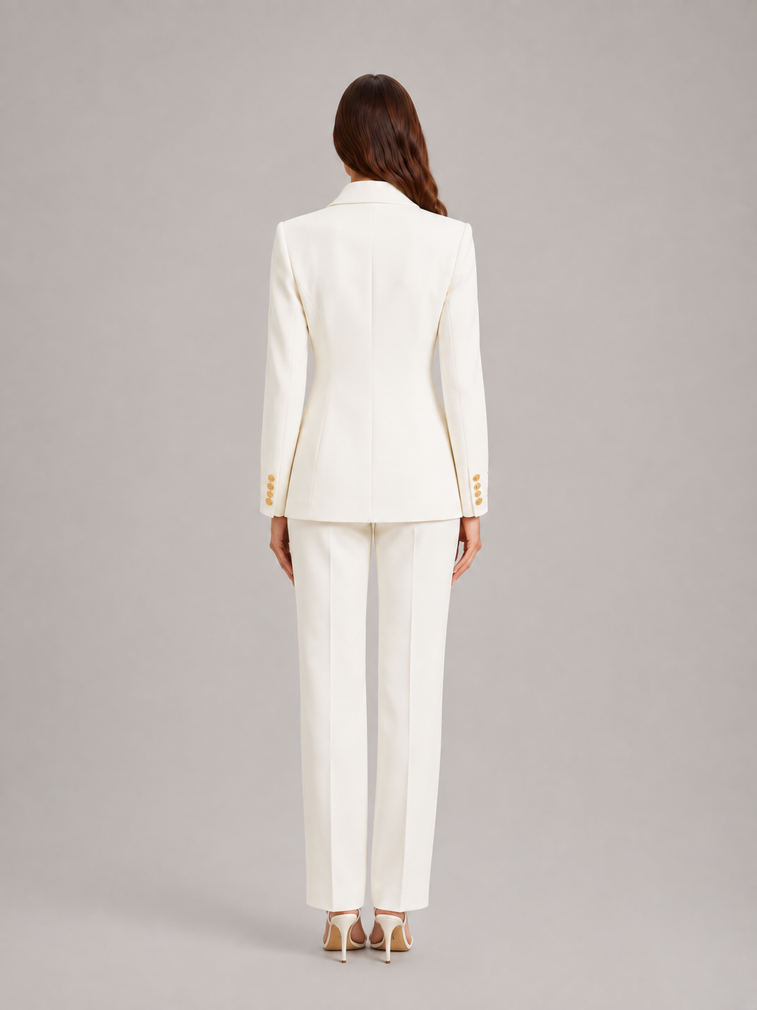 Ximena - dames pak met blazer en wijde broek, kantoorset met bloemknopen