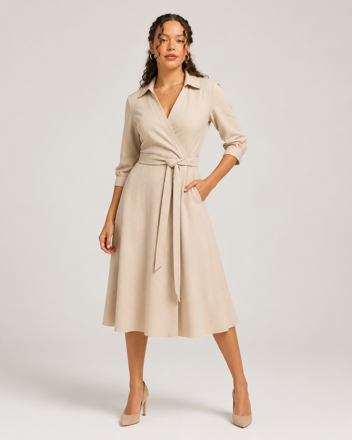 Mirelle - Dames Midi-wikkeljurk Met Ceintuur En Kraag
