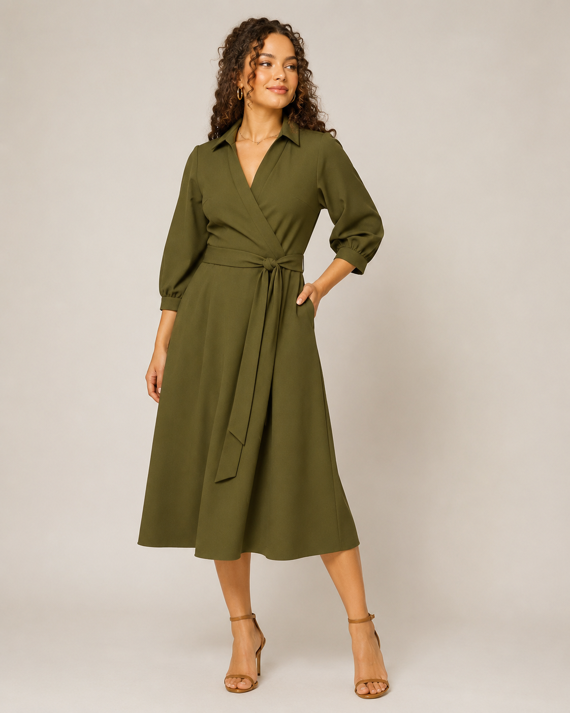 Mirelle - Dames Midi-wikkeljurk Met Ceintuur En Kraag